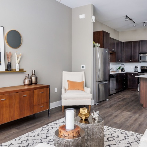 Open concept apartment with grey walls and cozy furniture