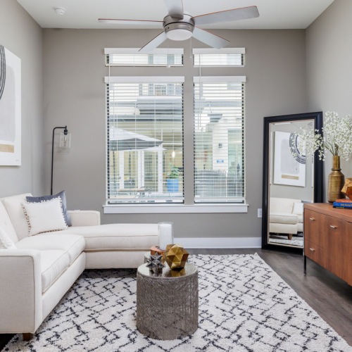Living room with bright window and grey walls